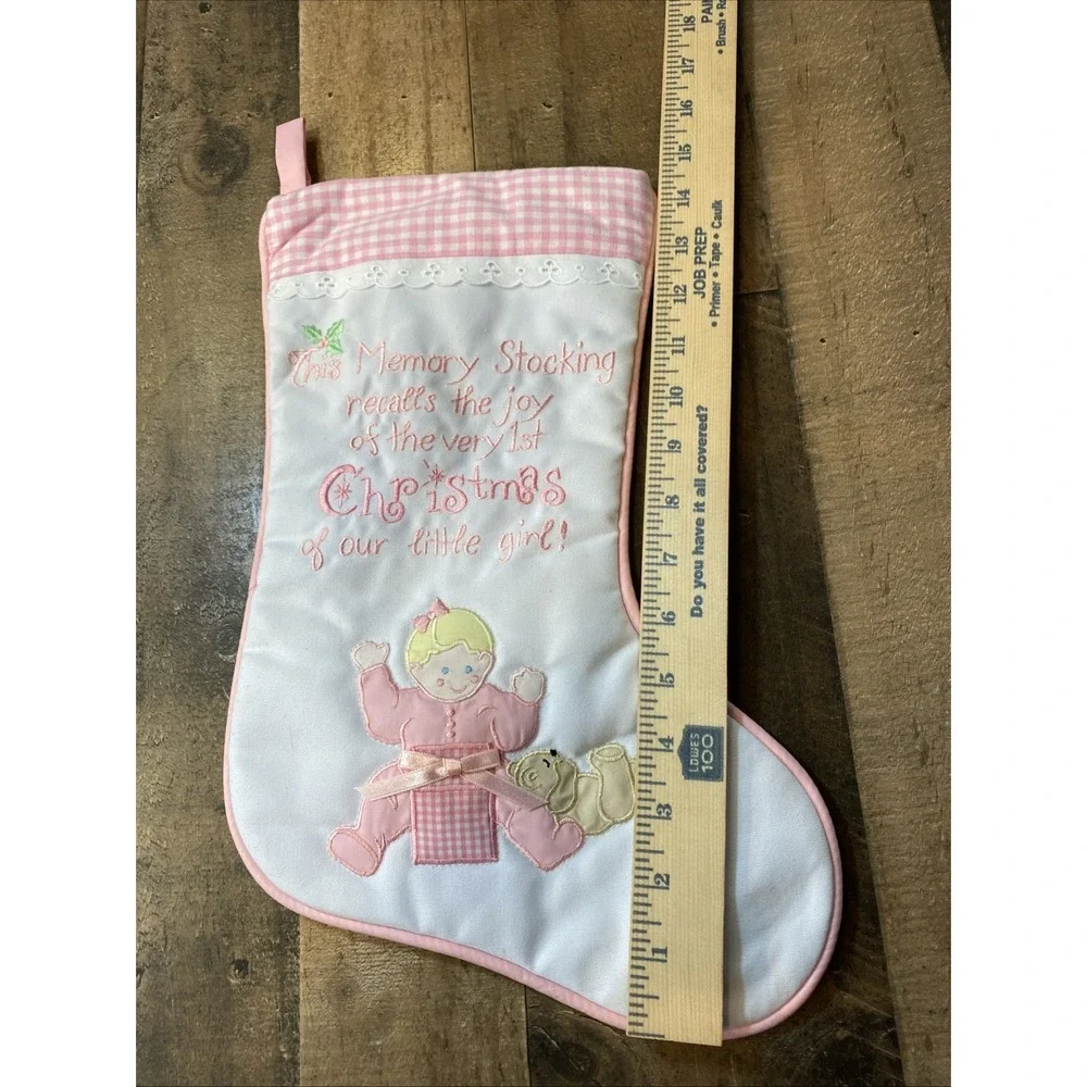 LITTLE GIRLS PINK & White 1st Christmas STOCKING Memory Stocking Vintage New‎